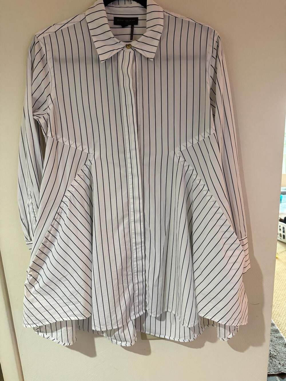 Donna Karan New York Pinstriped Godet Long Sleeve Button-Down Shirt Dress